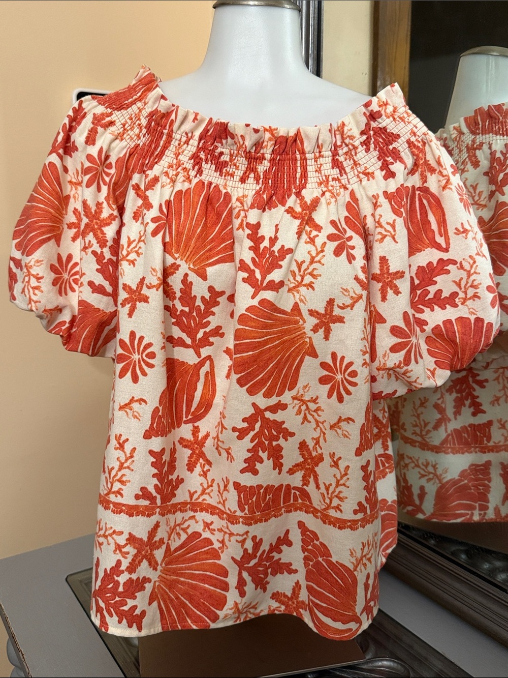CeCe Large Orange Coral Shell Print Off Shoulder Puff Sleeve Blouse